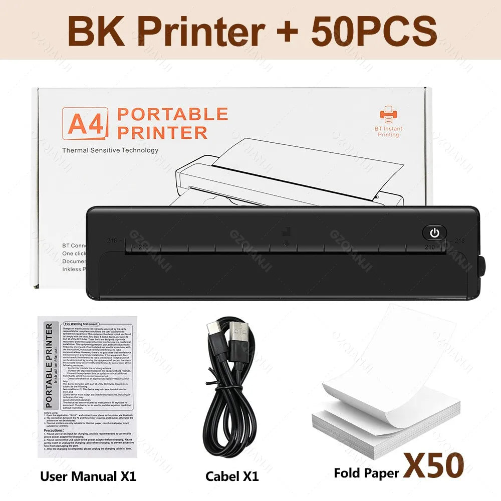 A4 Wireless Bluetooth PDF Printer Mini Portable Thermal Mobile Maker for Home Office PDF Photo Print with 50Pcs Thermal Paper