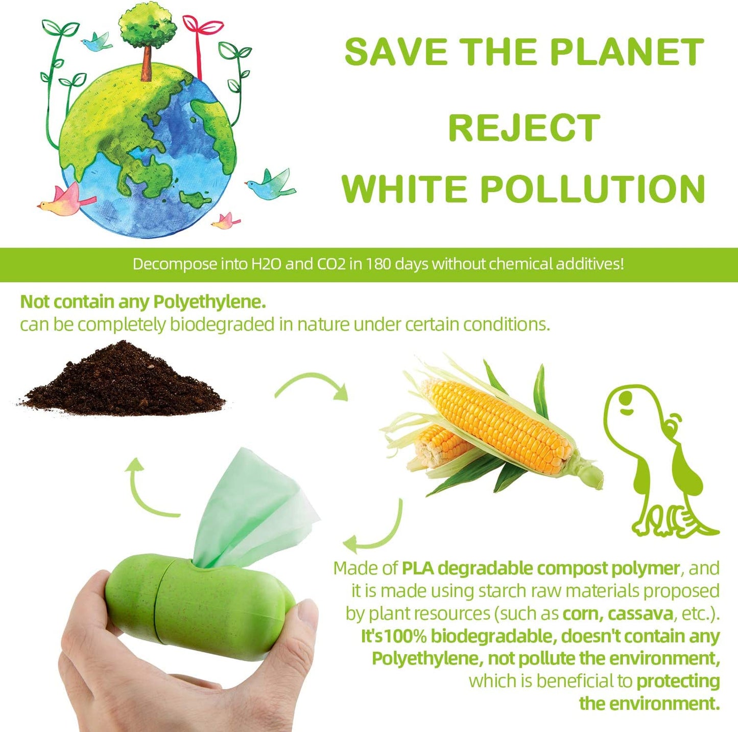 Biodegradable Dog Waste Bags, 300 Count, PLA+PBAT Material, Certified Compostable, Easy Detach, Thickness, 180 Day Decomposition, 15 Bags per Roll, 9 X 13 Inch Size