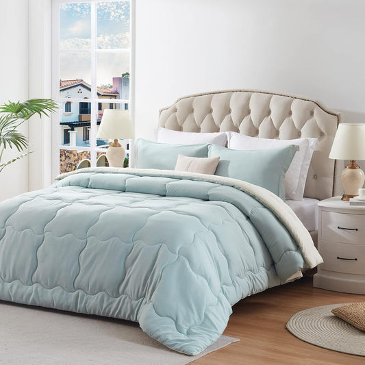 King Size Lightweight Reversible Comforter Set 3-Piece Solid Color Comforter Set for All Seasons Ultra-Soft down Alternative Duvet Insert with Pillow Shams (102X90，Sage Green/Ivory)