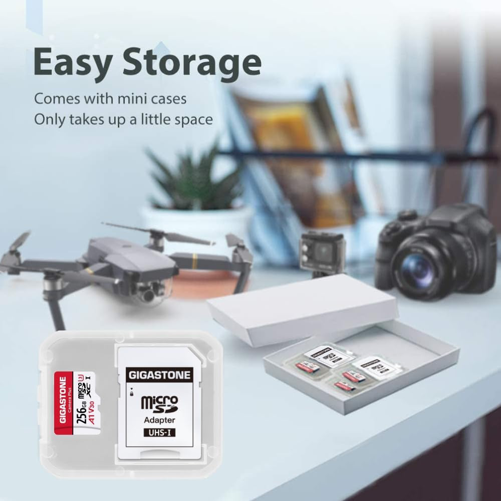 256GB Camera plus Series Memory Card, Read Speed up to 100Mb/S. Ideal for Full HD Video Gopro Drone Android Camera, A1 Micro SDXC Card with Mini Case and SD Adapter.