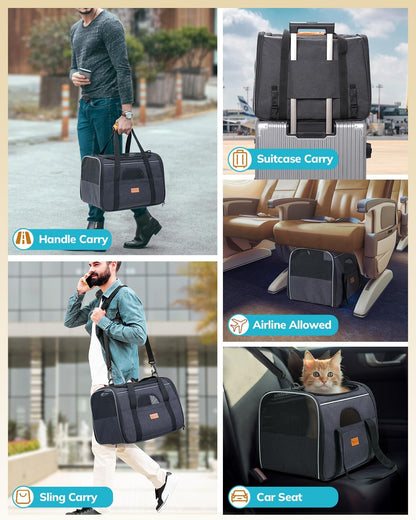 Cat Carrier - Cat Carrier Soft for Medium or Large Cats up to 20Lbs, with Dual-Sided Cushion, Secure Buckle and Foldable Bowl, Dog Carriers for Small Dogs - Pet Carrier (Dark Gray)