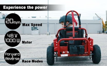 Baja-X 48V 1000W Brushless Electric Go Kart, 3-Speed Setting Go Kart W/Forward & Reverse, Racing Go Cart up to 20 Mph W/Foot Pedal & Foot Break, Go Cart Support up to 175 Lbs (Red)