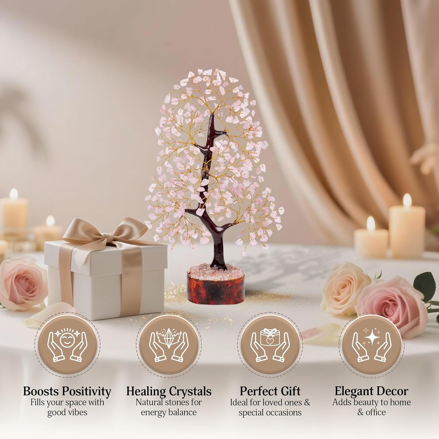 Rose Quartz Crystal Tree of Life for Women Office Decor, Good Luck, Money, Meditation, Positivity, Handmade Healing Crystal Stones Bonsai Tree Spiritual Birthday Gifts for Women