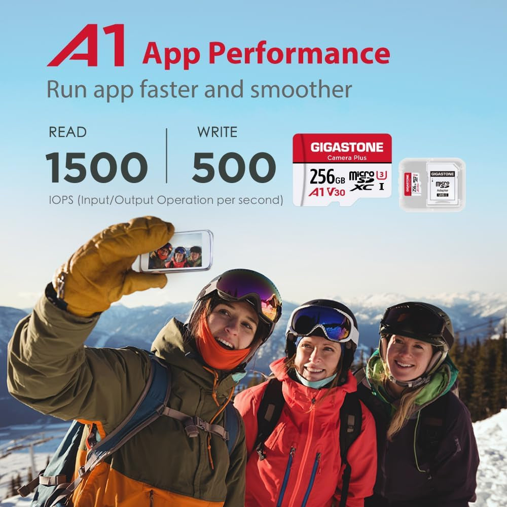 256GB Camera plus Series Memory Card, Read Speed up to 100Mb/S. Ideal for Full HD Video Gopro Drone Android Camera, A1 Micro SDXC Card with Mini Case and SD Adapter.