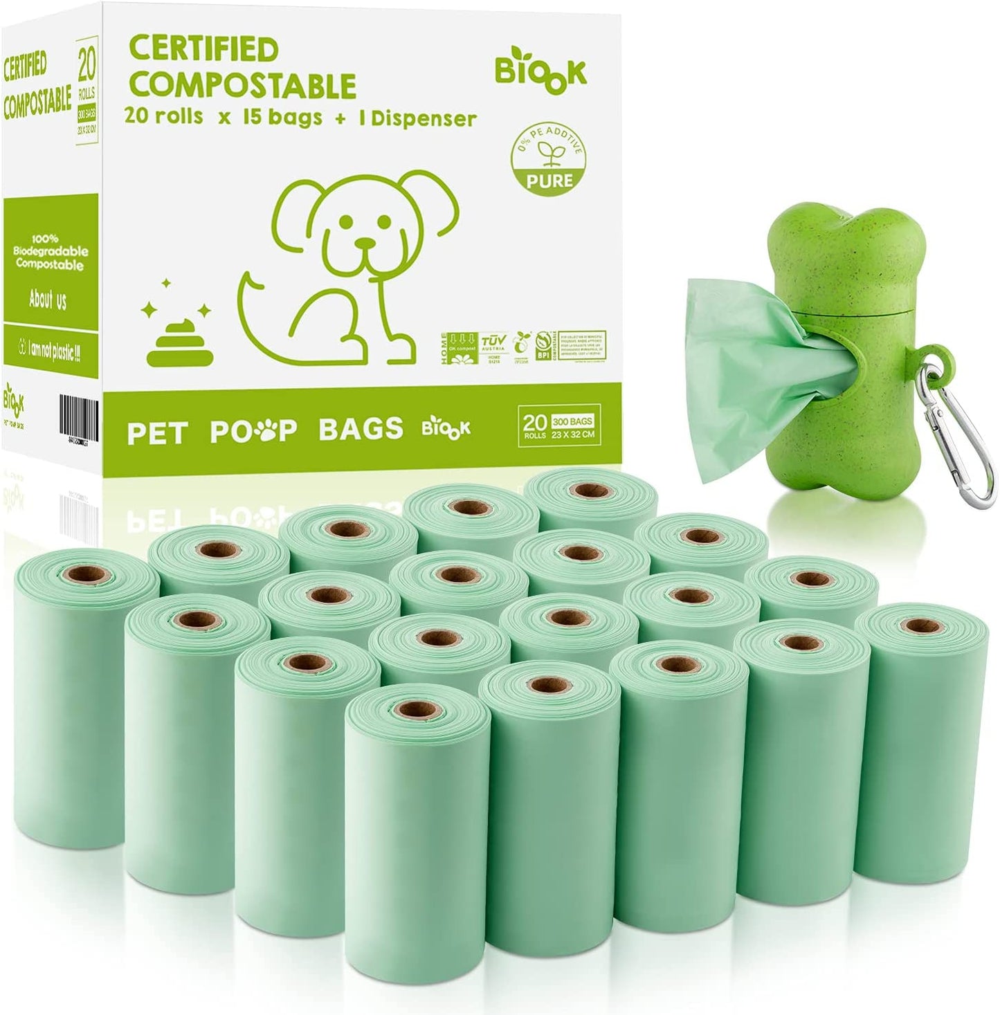 Biodegradable Dog Waste Bags, 300 Count, PLA+PBAT Material, Certified Compostable, Easy Detach, Thickness, 180 Day Decomposition, 15 Bags per Roll, 9 X 13 Inch Size