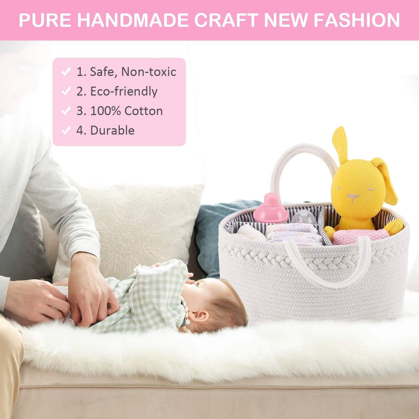 Baby Diaper Caddy, Nursery Storage Bin and Car Organizer for Diapers and Baby Wipes, Cotton Rope Diaper Basket Caddy, Changing Table Diaper Storage Caddy